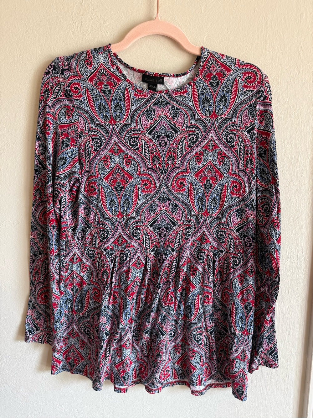 J. Jill Wearever Paisley Pleated Long Sleeve Tunic Top Red Small S